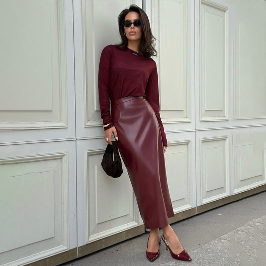 Ankela Red Slit Sheath Skirt Fashion Slim