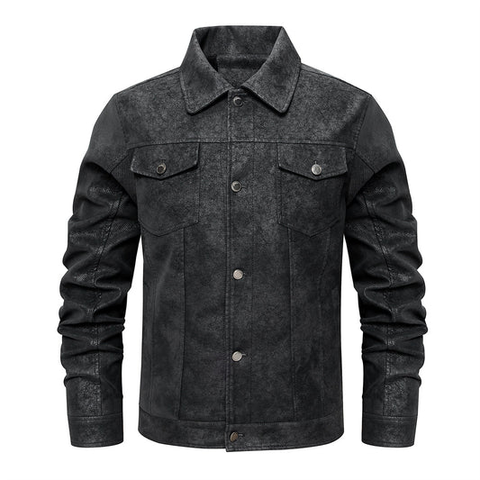 Men's Lapel Leather Jacket Chest Button Pocket Casual Slim Fit