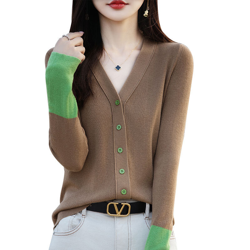 V-neck Color Stitching Knitted Cardigan Coat Loose Thin Slimming Women's Sweater