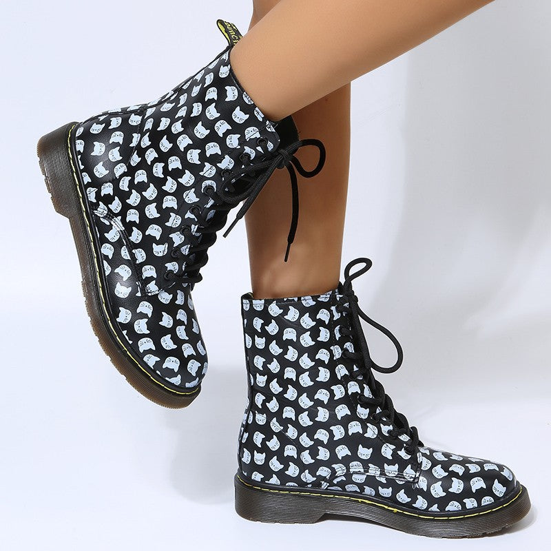 Women's Thick Bottom Square Toe Laces Casual Boots