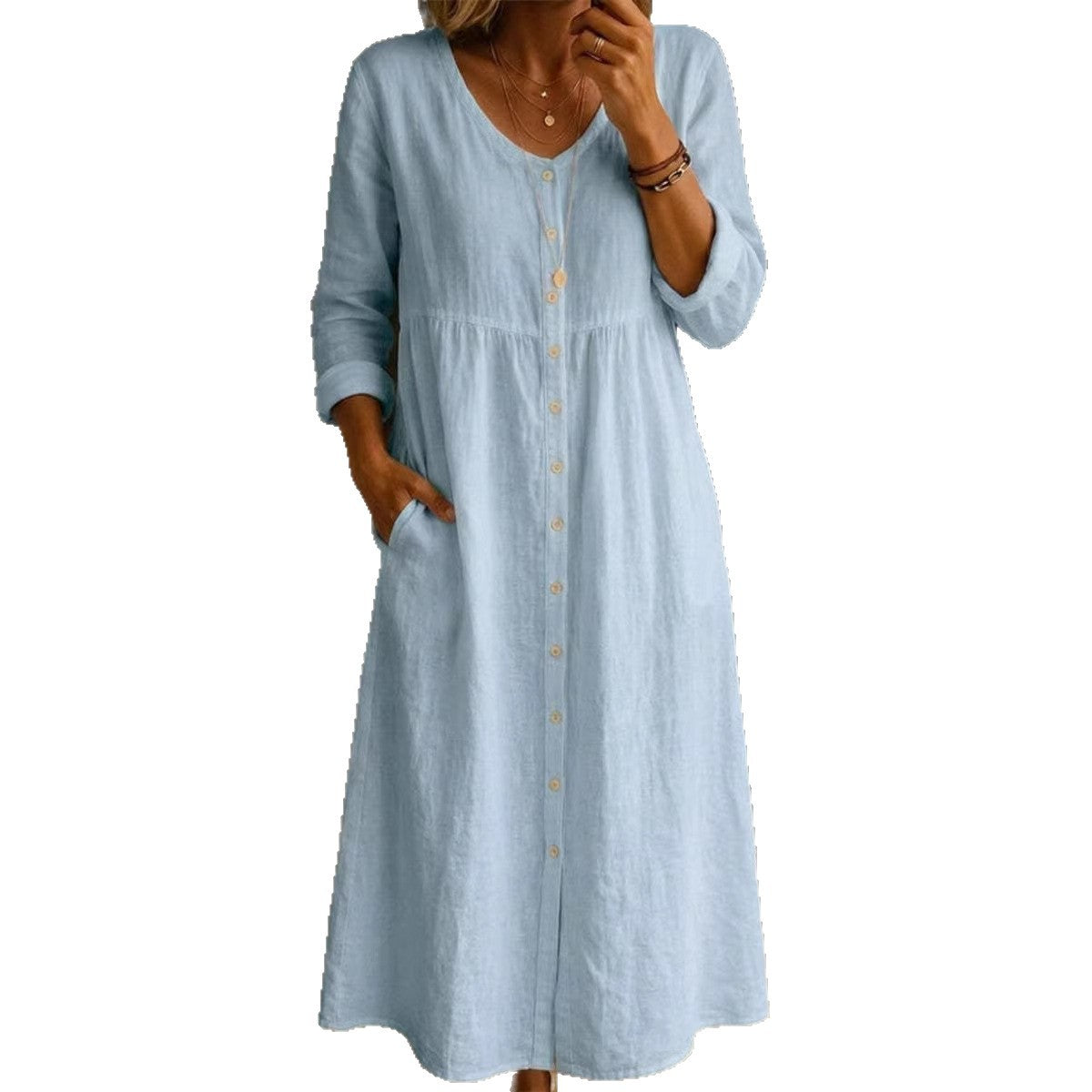 Fashionable Casual Loose Long-Sleeve Cotton-Linen Button-Up Womens Long Dress