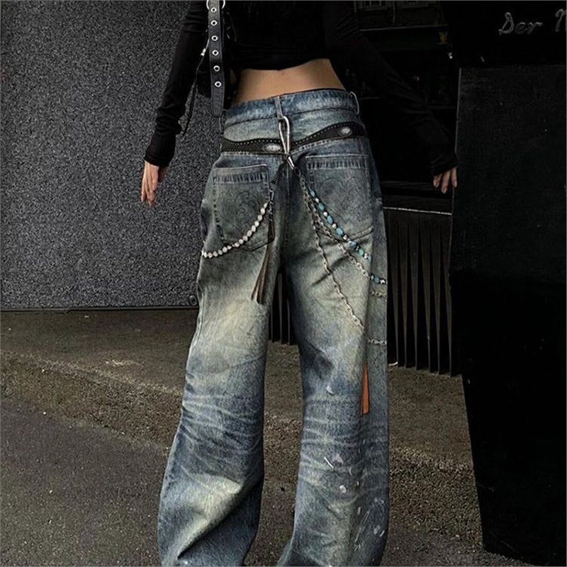 Splashed Ink-stained Jeans Female Chain Pendant Print Floor-dragging Pants