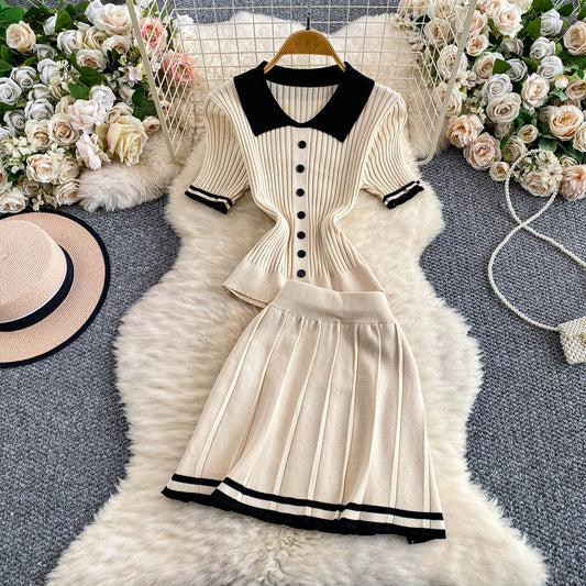 Contrast-color Button-front Top With A High-waisted Skirt