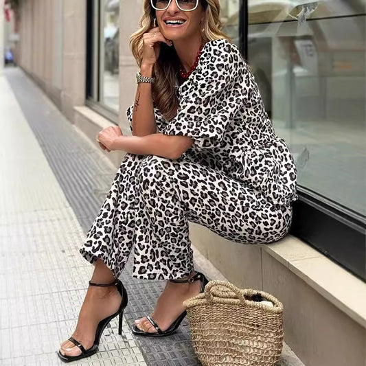 New European And American-style Fashion Casual Printed Leopard-print Cardigan And Pants Two-piece Set