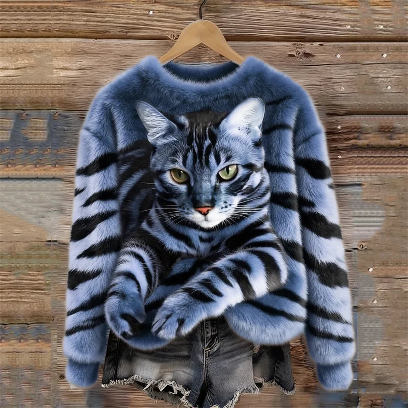 Womens AutumnWinter Christmas Cat Crew-Neck Sweatshirt