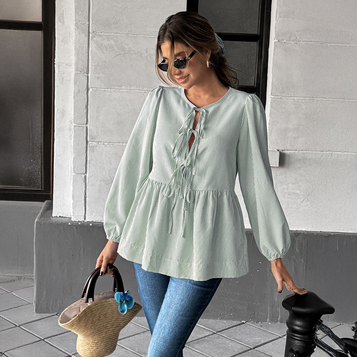 Elegant Striped Long Sleeve Tied T-shirt Shirt Women's Clothing
