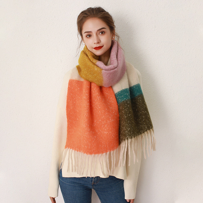 Striped Plaid Fringed Cashmere Mohair Scarf