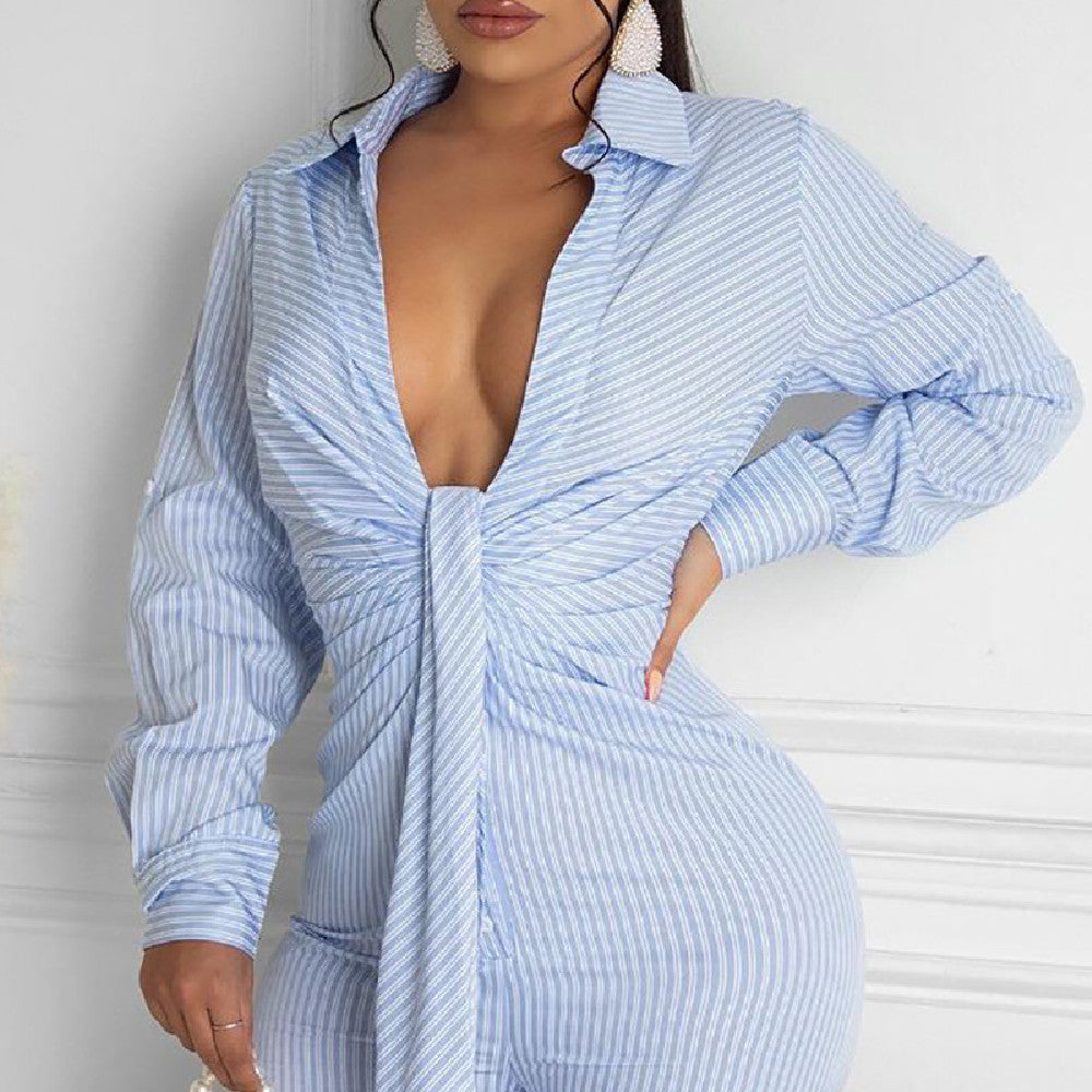 Blue Striped Long Sleeve Deep V Tie Bodysuit