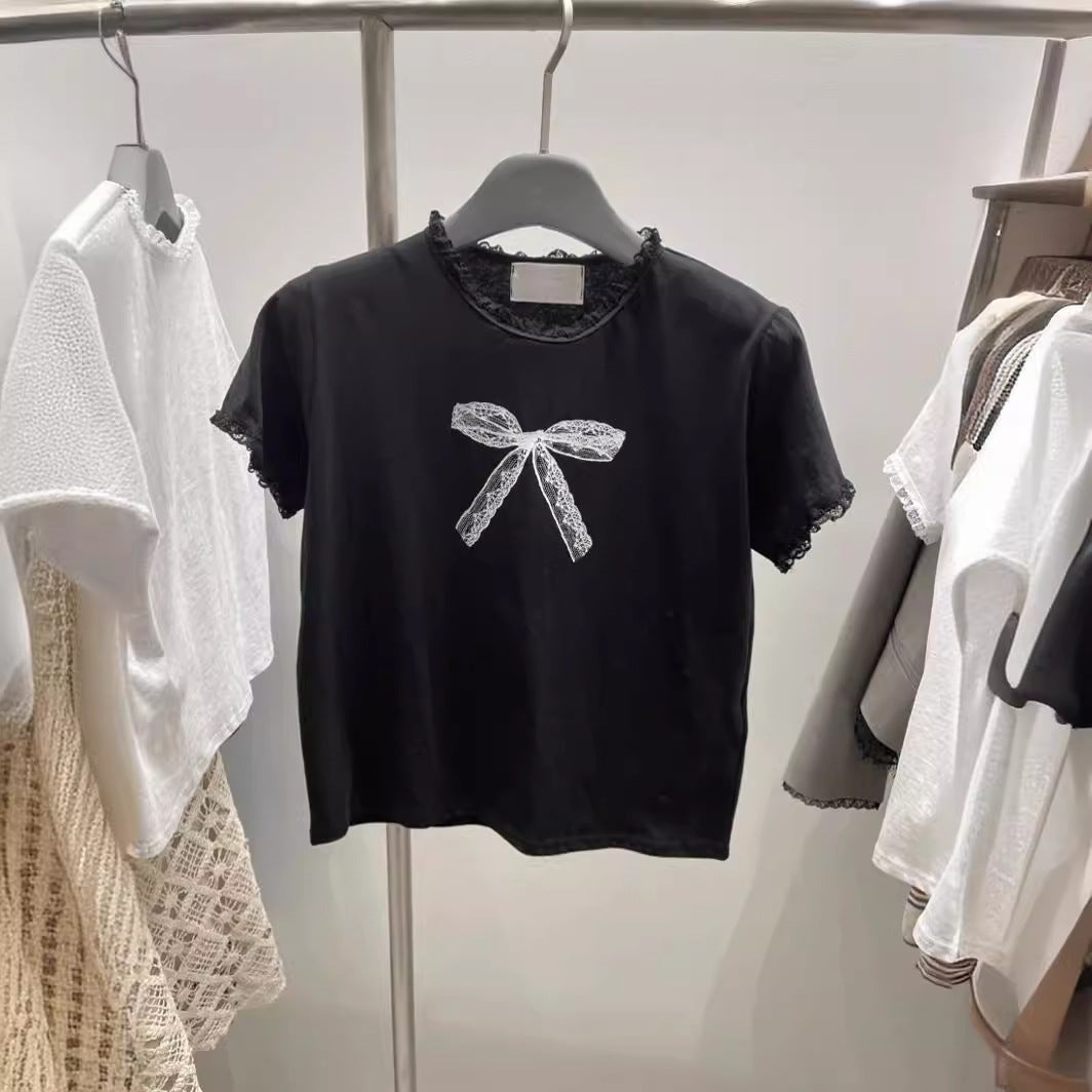 Lace Stitching Bow Printed Round Neck Short Sleeve