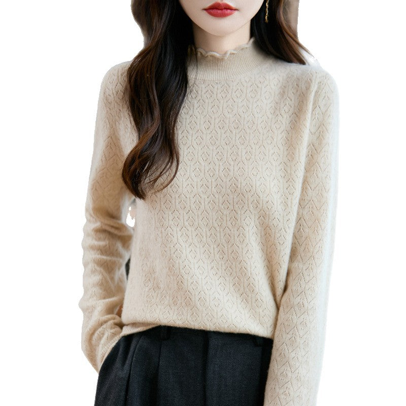 Women's Pure Wool Sweater Half-height Wooden Ear Collar Sweater