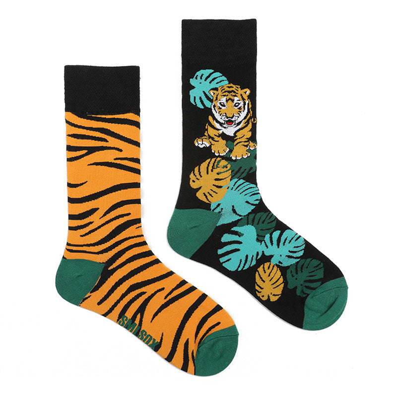 Asymmetrical Color Retro Personality Male And Female Couple Mid-length Cotton Socks