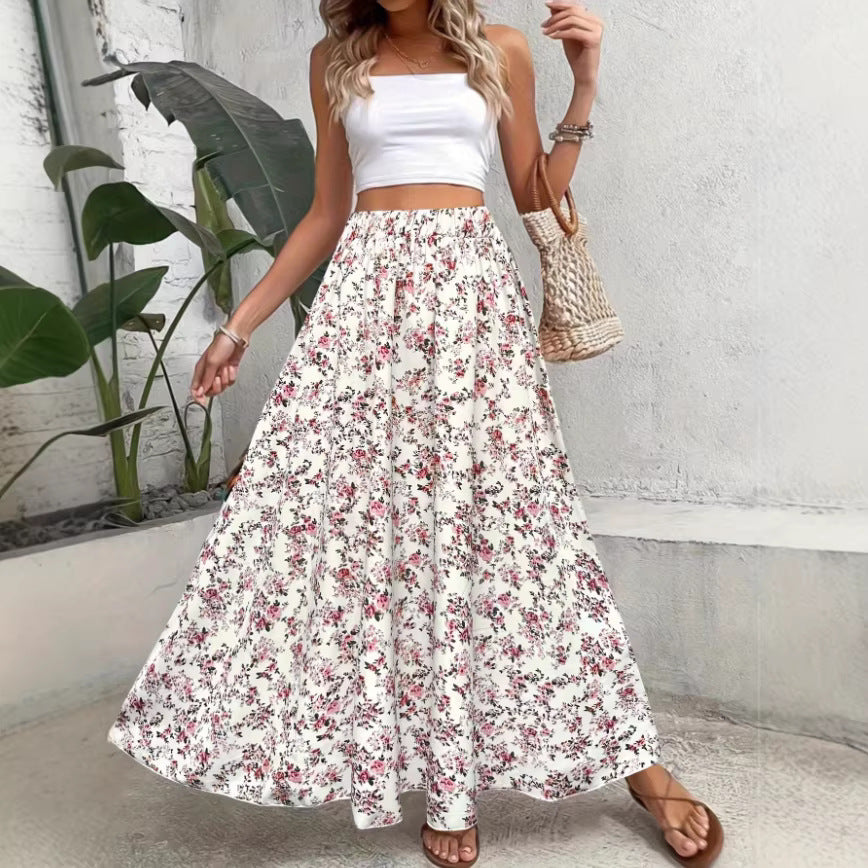 Bohemian Floral Print Waist-Cinching Lightweight Flowy Summer Maxi Skirt