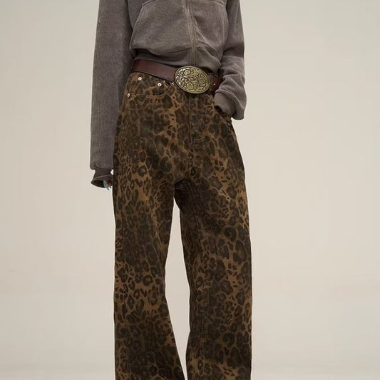 Amerikansk-inspirerede vintage leopardprint-jeans til kvinder