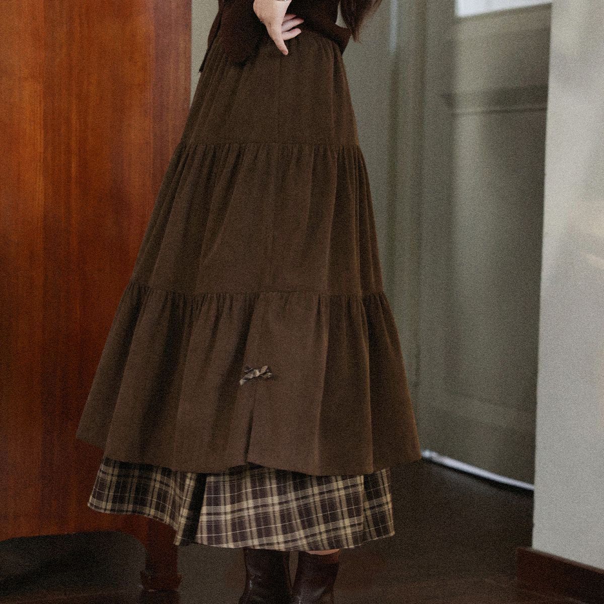 Thickened Japanese-style High-waisted Slimming Bow A-line Long Skirt