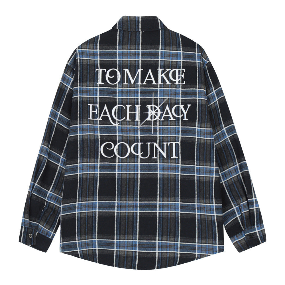 Plaid Letters Embroidered Shirt Men's Spring And Autumn
