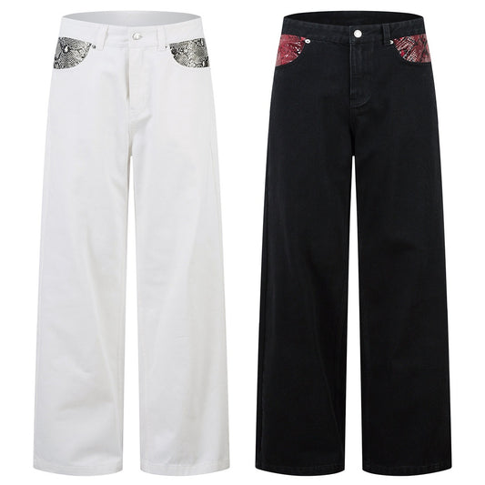 Hip Hop Street Python Pattern Patchwork Jeans Vintage Unisex Style
