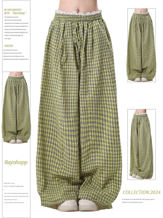 Casual Pants Women's Lace Stitching Plaid Loose-fitting Wide Leg Pants