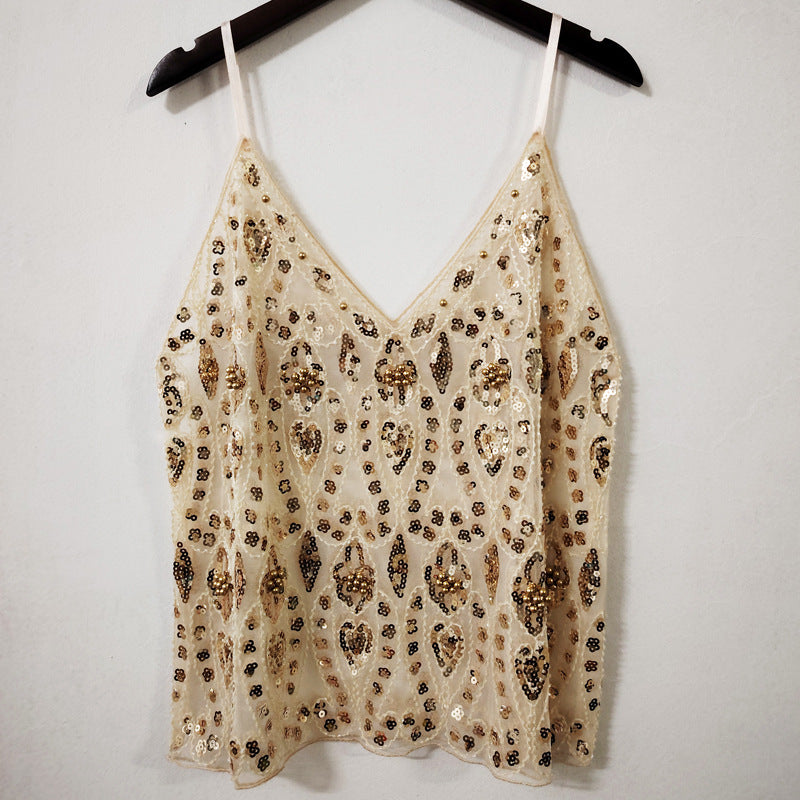 Summer Sequins Beaded Sling Basic Sexy Slimming Short V-neck Vest
