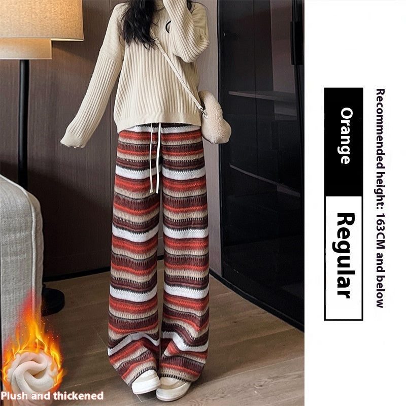 Woolen Striped Women's Wide-leg Pants Fallwinter Comfortable Retro