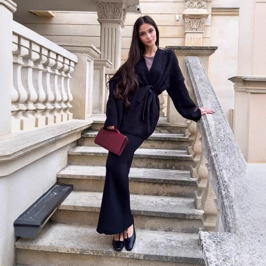 V-neck Cardigan With Tie Details, A Loose-fitting, Versatile Knit Sweater Dress Set