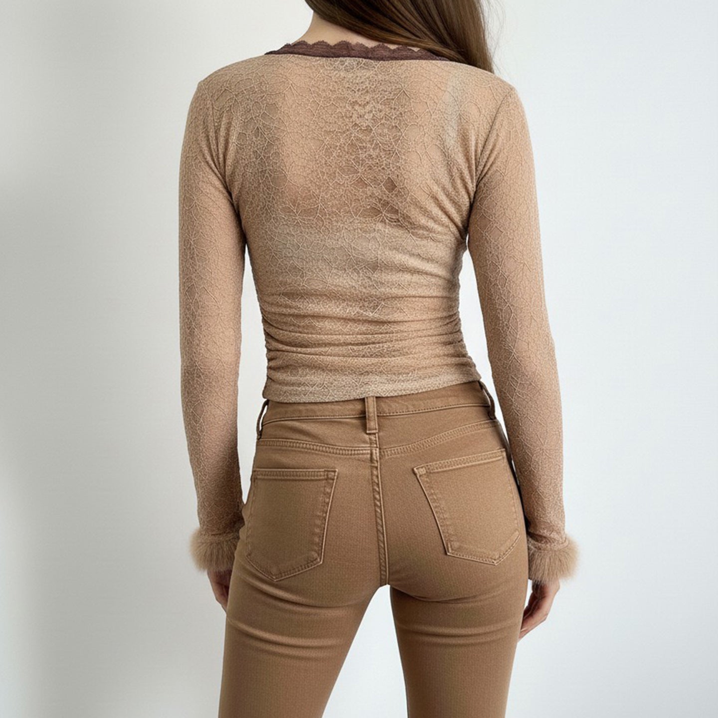 Soft-style Twist V-neck Lace Base Top Sexy, Figure-hugging Sweater With Fluffy Fabric Accents For A Sassy Look