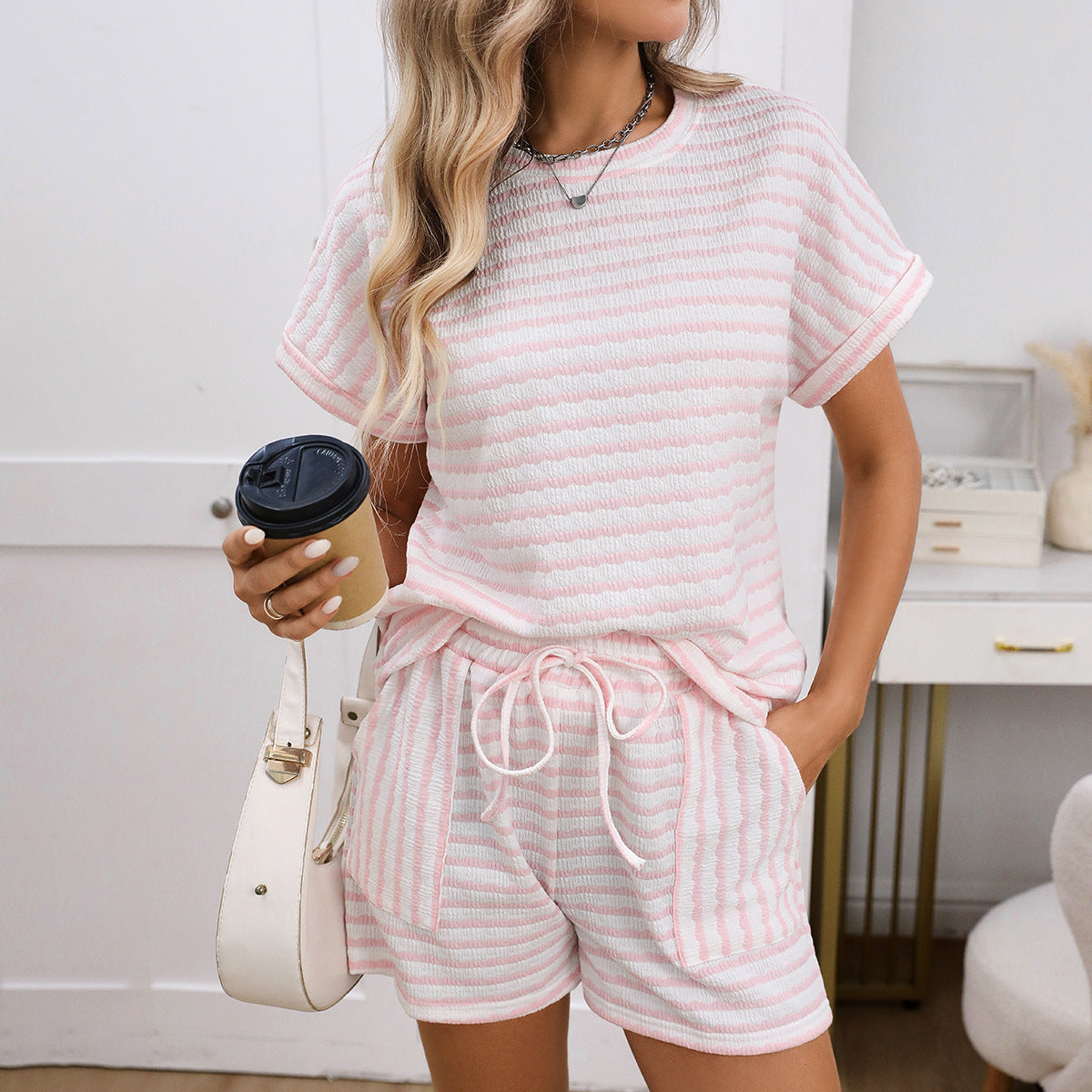 Summer Womens Crew Neck Pullover Short Sleeve Top And Drawstring Shorts Striped Set