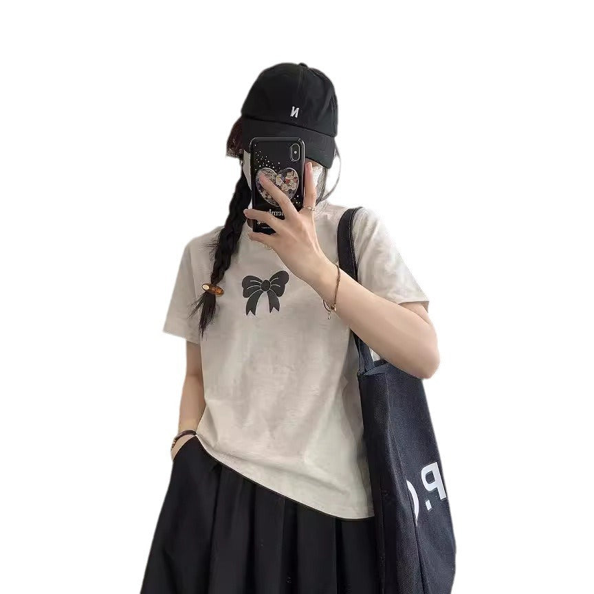 Spring Not Late Sweet Bow T-shirt Skulder