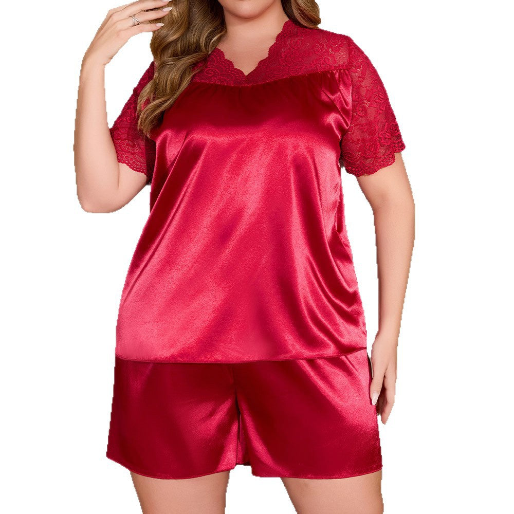 Womens SpringSummer Lace Short-Sleeve Shorts Loungewear Set