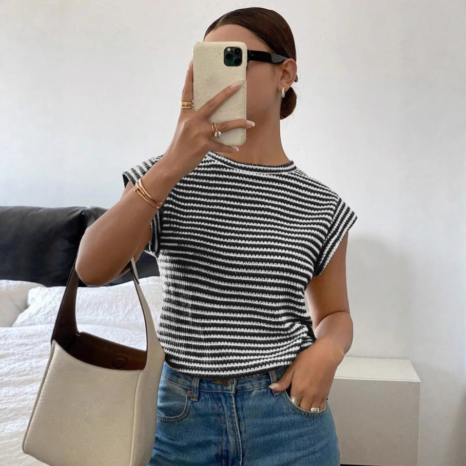 Womens New Summer Striped Crew-Neck Fashion Knit T-Shirt For Women
