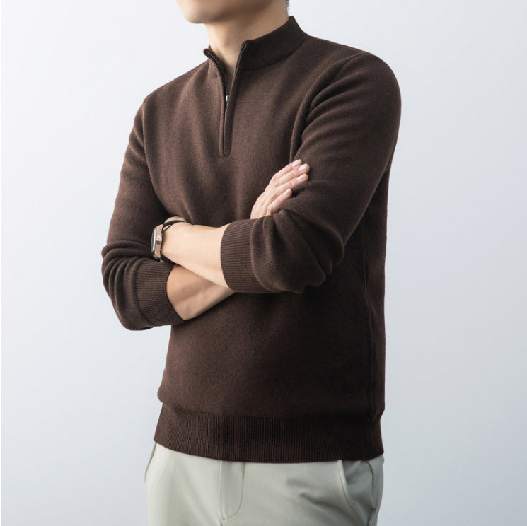 Stand Collar Half Zip Men's Solid Color Pullover Knitted Sweater