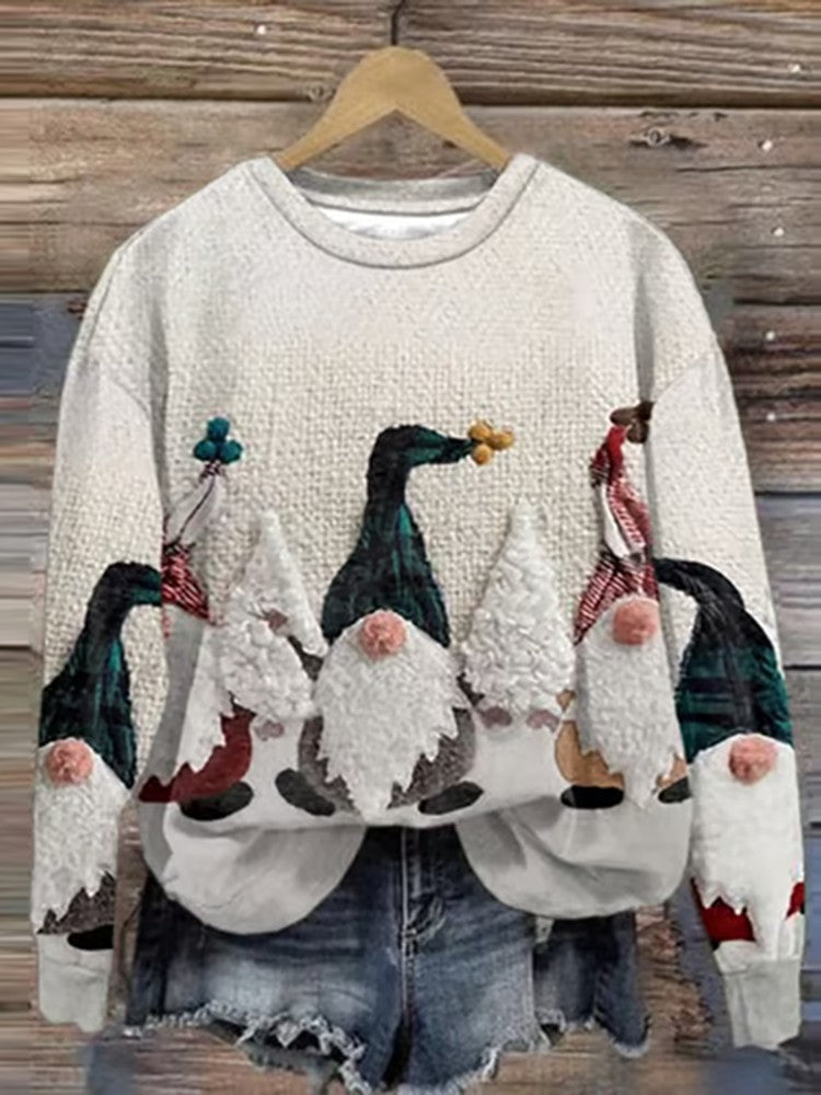 Halsudskæring, juleprint, sweatshirt til damer