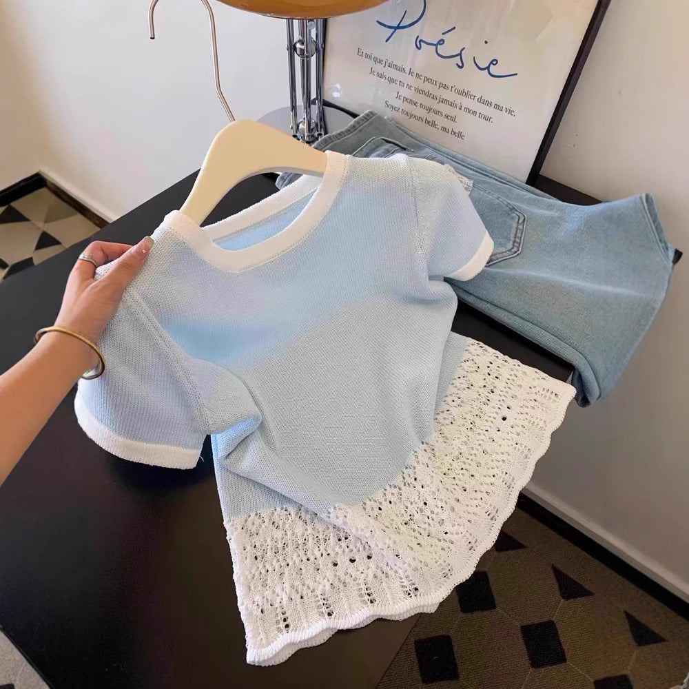 Lace Edge Stitching Hollow Women's Short Sleeve