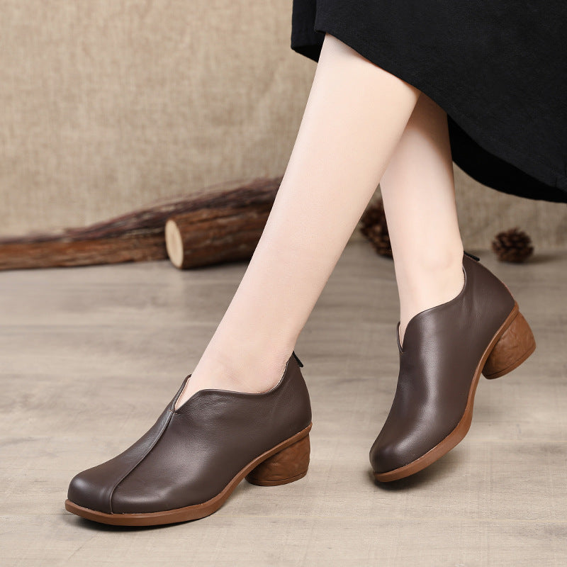 Retro Soft Leather Soft Sole Thick Heel Casual Women's Shoes