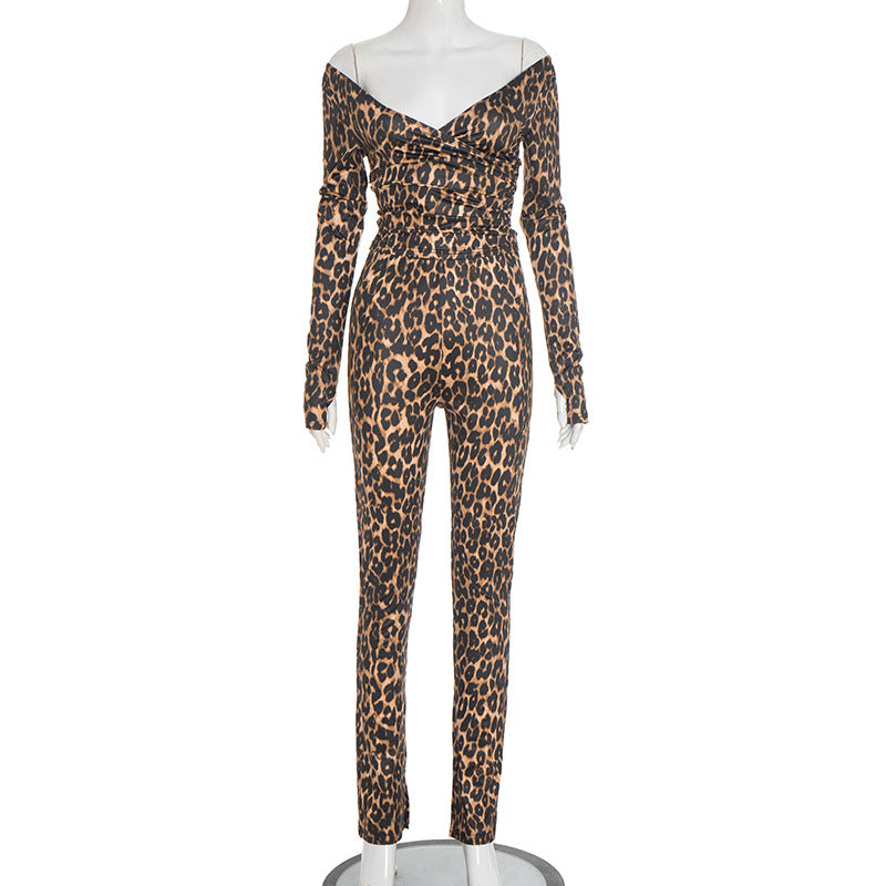 Deep-V-neck Bodysuit And High-waist Straight-leg Pants Set