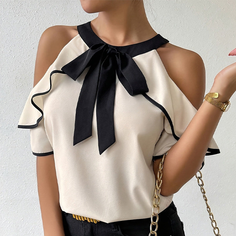Women's Double-layer Short-sleeved Bow Collar Shirt Pullover