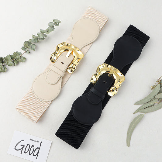 New Autumn And Winter Women's Wide Belt Elastic Elastic Irregular Flanged Alloy Buttonhead Smooth With Shirt Sweater Jacket Waist Seal