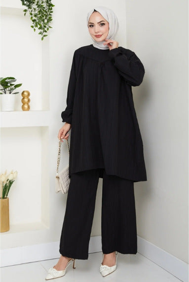 Solid-color Casual Loose-fitting Crew-neck Long-sleeve Wide-leg Pants Set