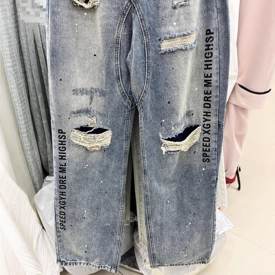 Letter Printed Ripped Cool Brushed Paint Jeans