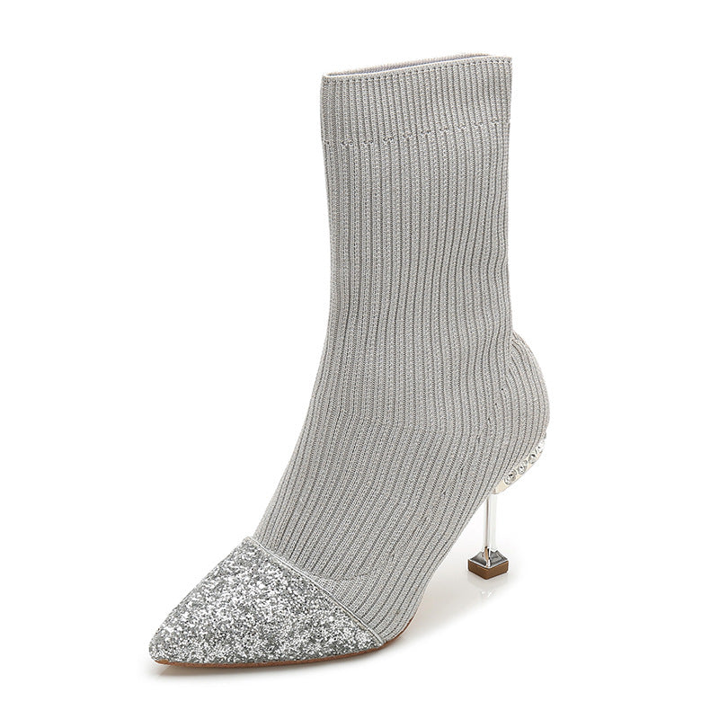 Fashion New Knitted Stitching GREAT Sequined Ankle Boots Autumn And Winter Slimming Knitted Fur Boots Pointed Stiletto Heel Socks Boots