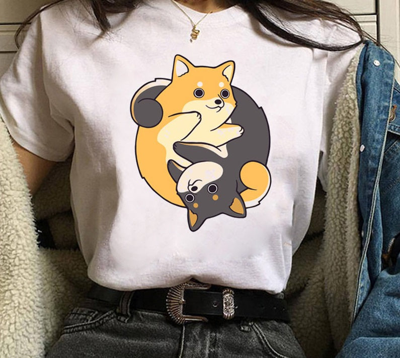 Cute Shiba Inu Print Men And Women Couple T-shirt Bottoming