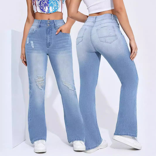 Women's High Elastic Hole Slim Fit All-match Denim Trousers