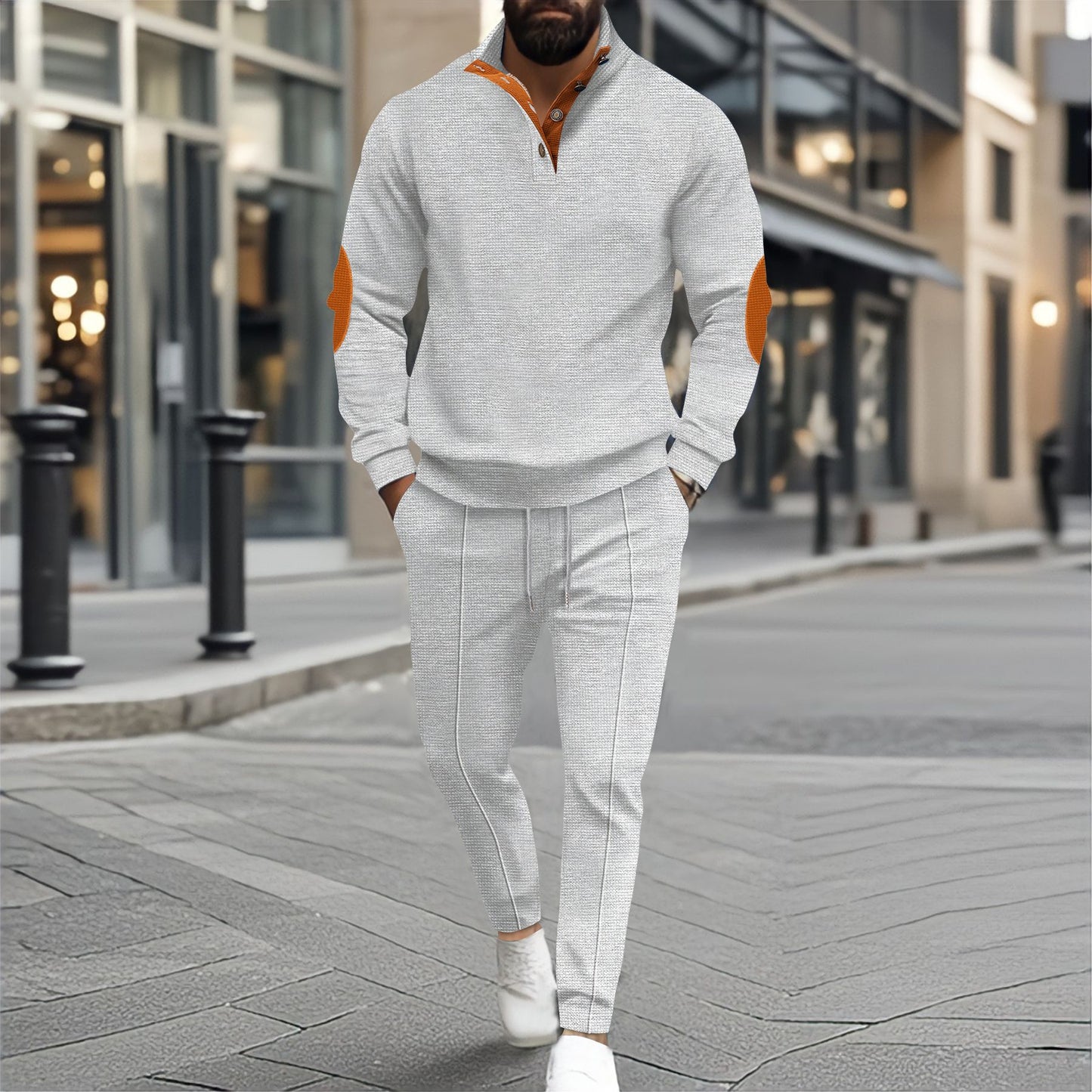 Men's Half-Zip Waffle Casual Stand Collar Long Sleeve Sweatshirt Set