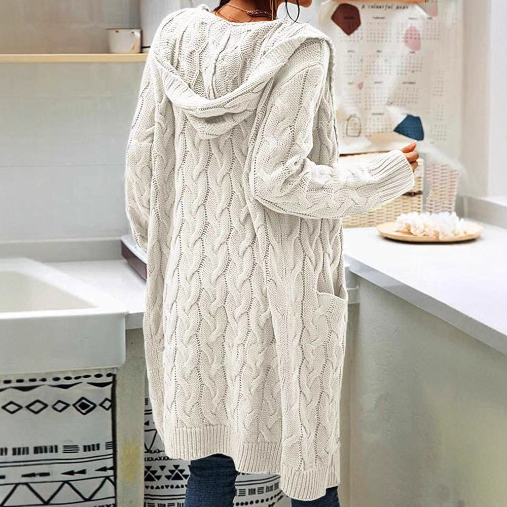 Long Knitted Plus-size Solid-color Sweater With Long Sleeves And Pockets