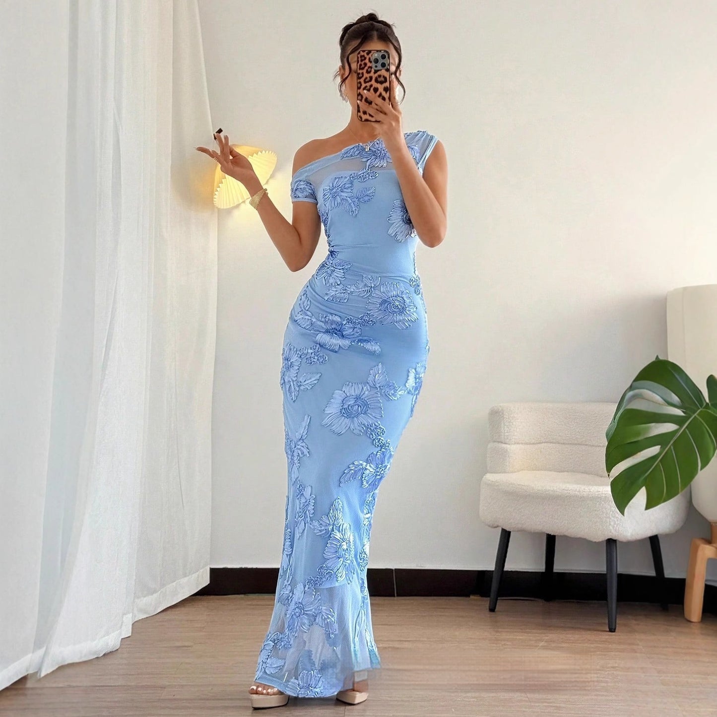 Womens Fashion Irregular-Neckline Slim-Fit Sleeveless Dress