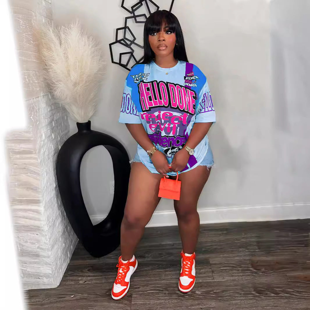 Round Neck Loose Multi-color Letters Street Fashion