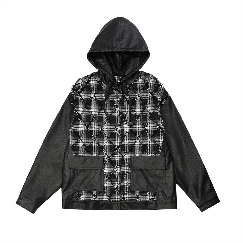 Fake Two-piece PU Leather Stitching Contrast Color Coat