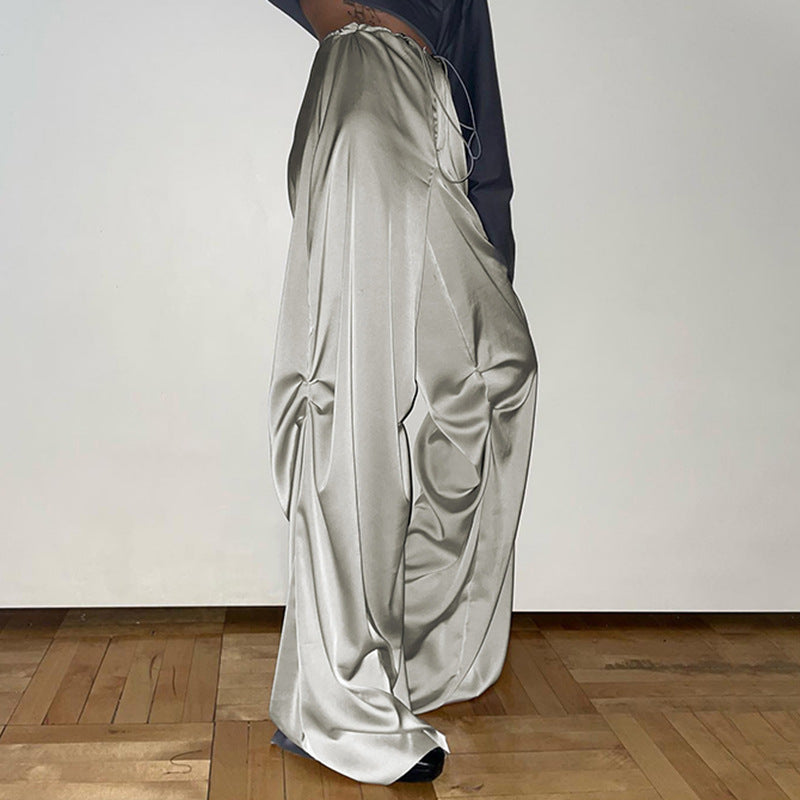 Solid Color Temperament Drape Mopping Satin Low Waist Loose Casual Woven Pants