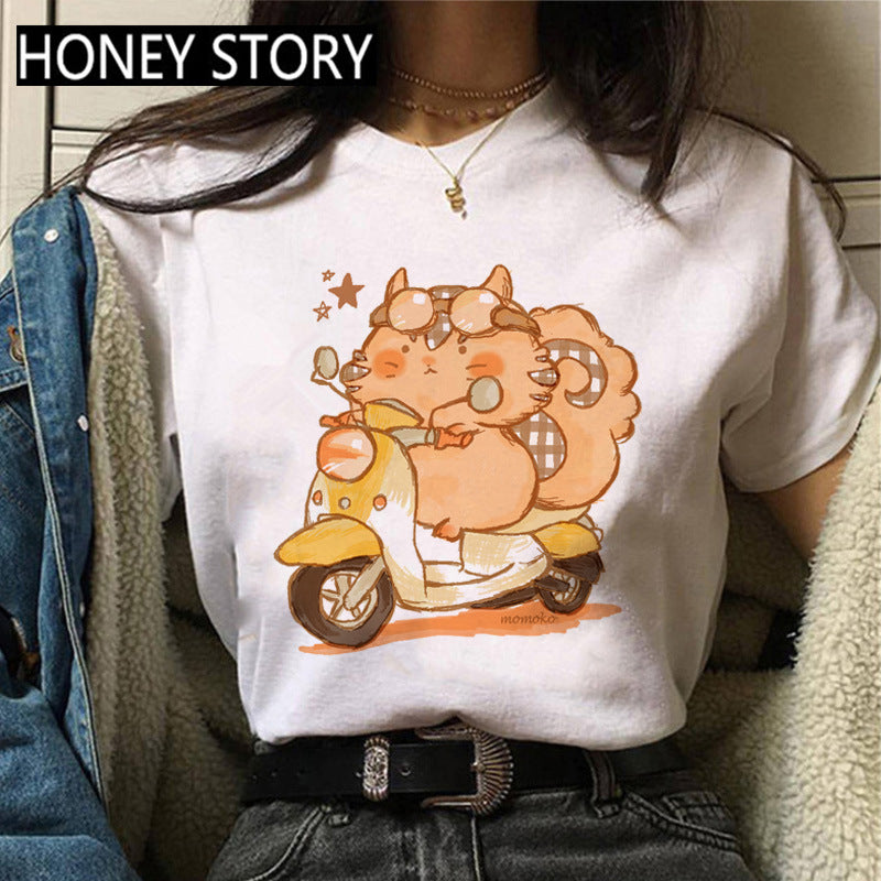 Kitten Print Round Neck Women's Loose Short Sleeve T-shirt