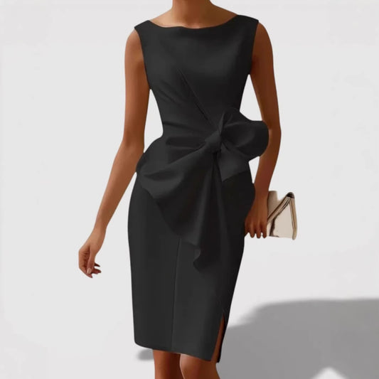 Mid-length Fitted Dress With A Cinched Waist And Bow Detail