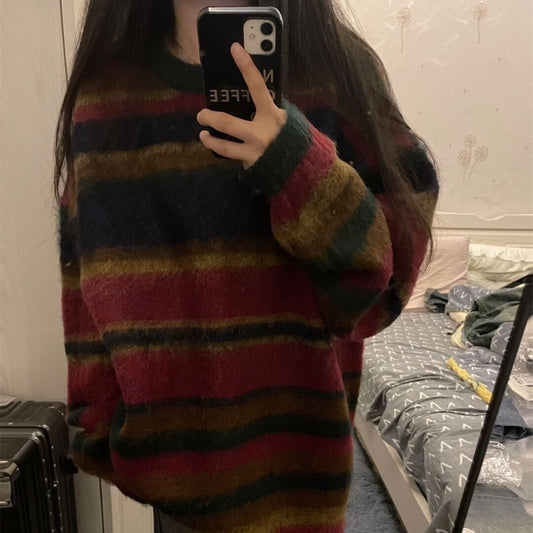 American Retro Contrast Color Striped Soft Glutinous Sweater